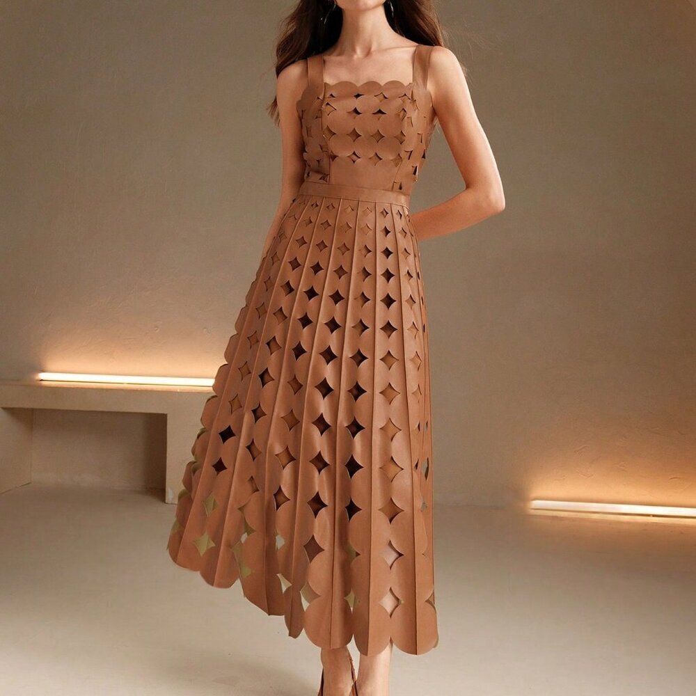 Khaki Elegant Women's Faux Leather Laser Party maxi Dress - Picture 3 of 7